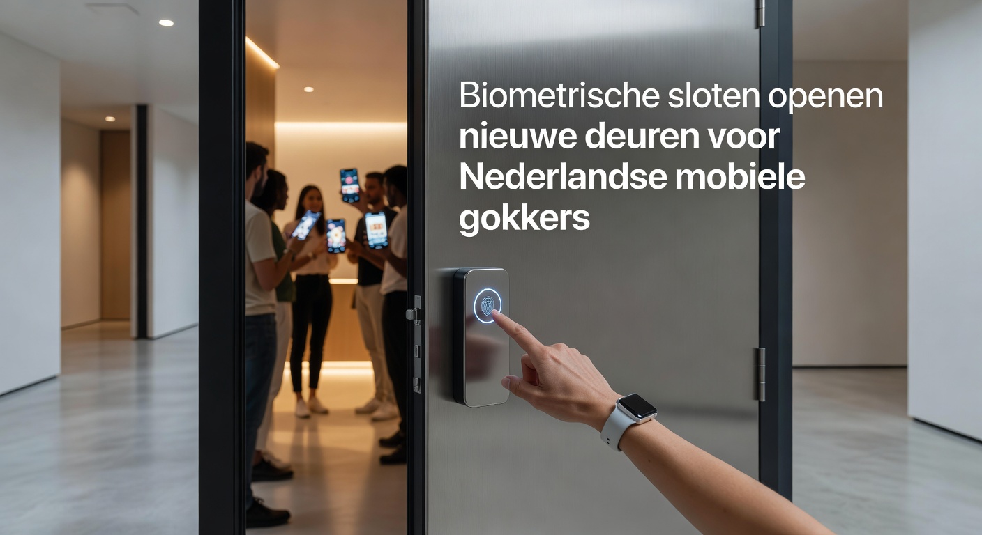Smartphone met vingerafdrukscanner en casino-app op een Nederlands straatbeeld, symboliserend veilige mobiele toegang tot gokspellen