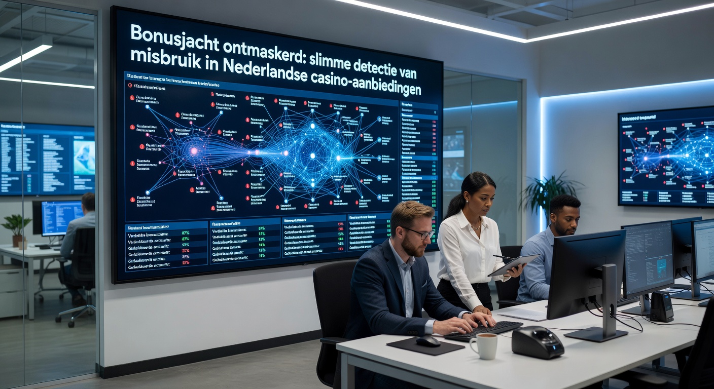 Voorbeeldscherm van een casino-dashboard met waarschuwingen voor bonusmisbruik, inclusief grafieken van verdachte accounts en detectie-alerts in het Nederlandse gereguleerde gokcircuit
