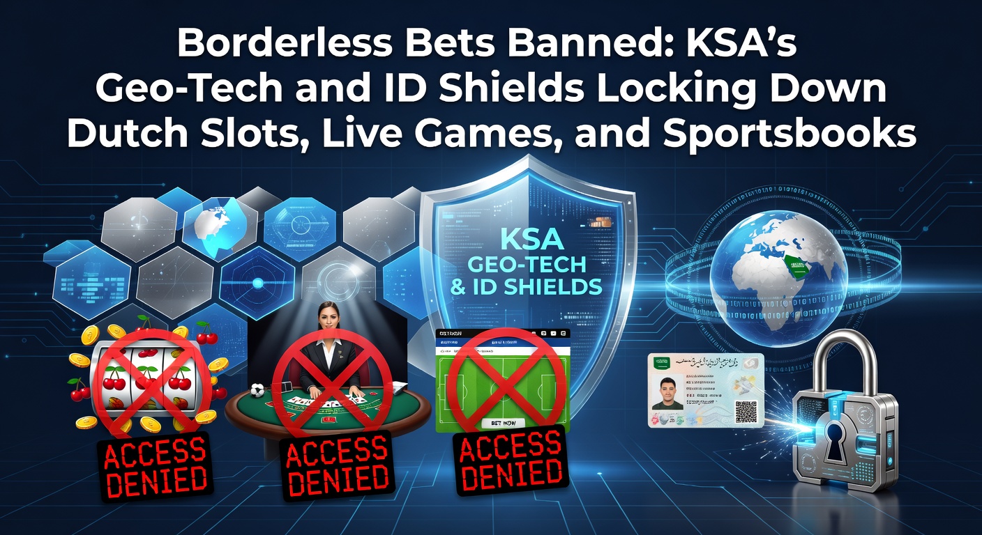 Grafische weergave van digitale grenzen met slotmachines, live dealers en sportweddenschappen achter een schild met KSA-logo