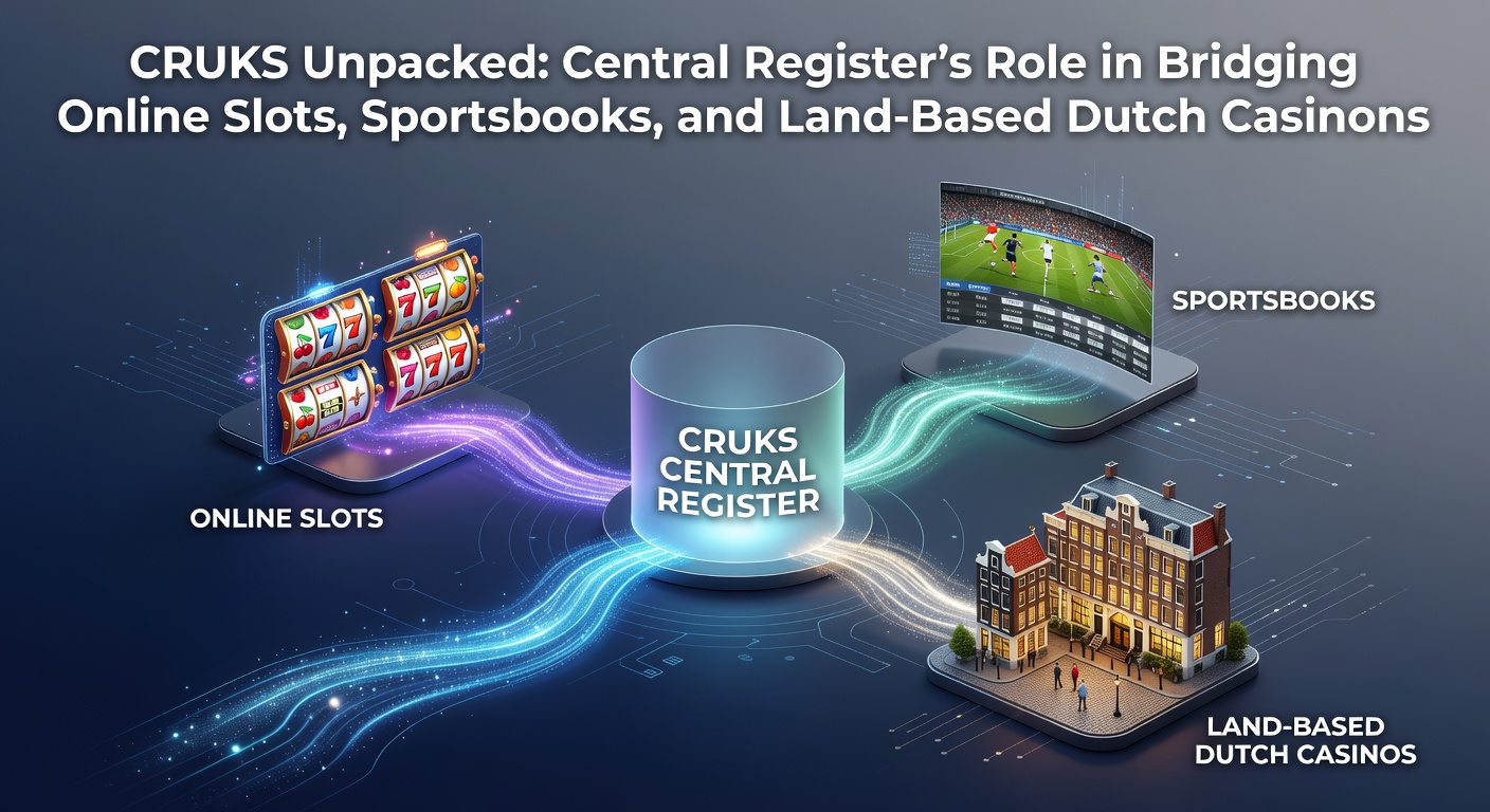 Overzicht van het CRUKS-systeem dat online en fysieke gokfaciliteiten in Nederland verbindt, met iconen voor slots, sportsbooks en casino-vloeren