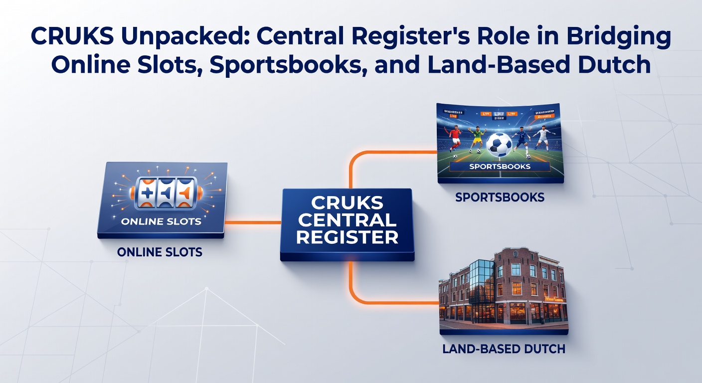 Grafiek en flowchart van CRUKS-integratie tussen online platforms en fysieke casino's in Nederland, met pijlen die data-uitwisseling tonen