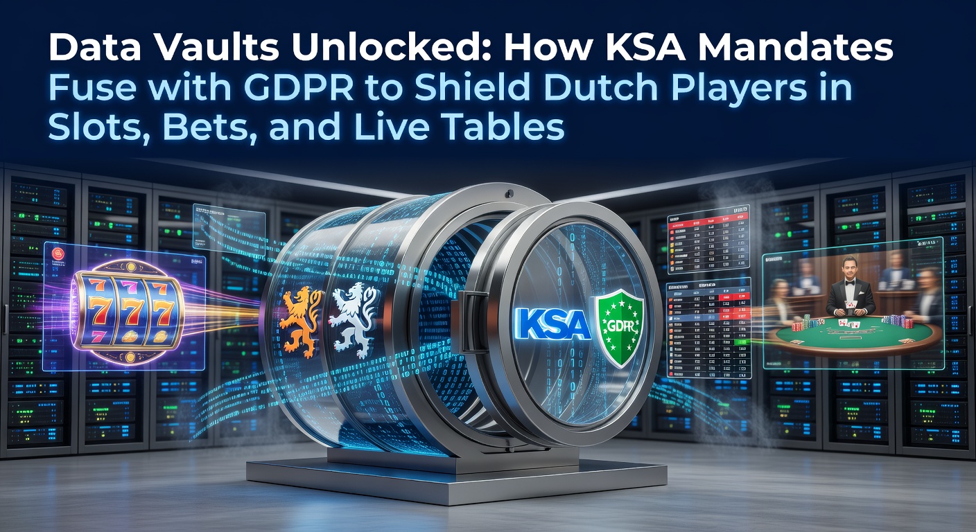 Een digitaal slot dat data vaults beschermt met KSA- en GDPR-symbolen op een achtergrond van online gokspellen zoals slots en tafels