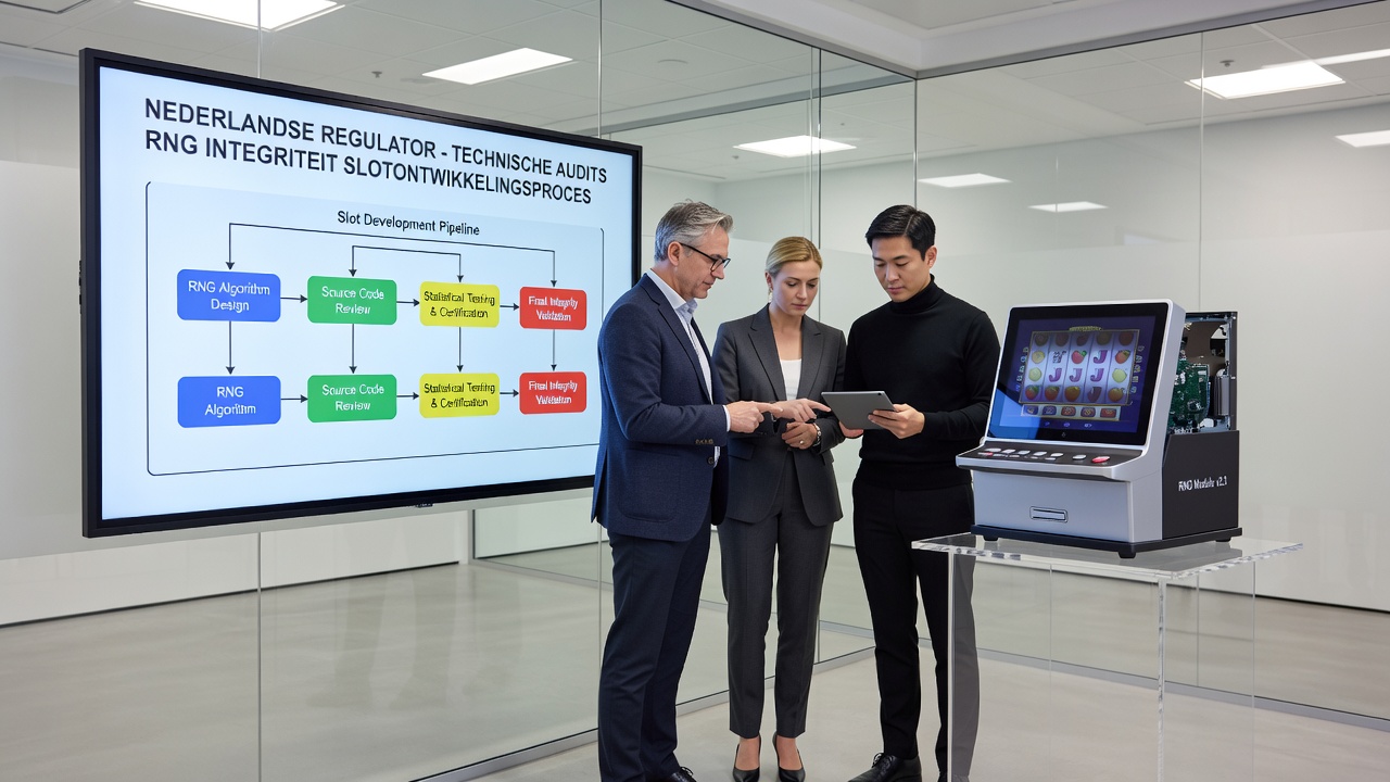 Detailopname van een RNG-testlaboratorium waar auditors statistische analyses uitvoeren op slotsoftware