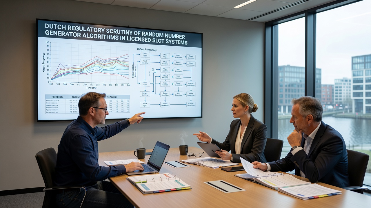 Technici die RNG-algoritme outputs analyseren op monitoren tijdens een KSA-audit