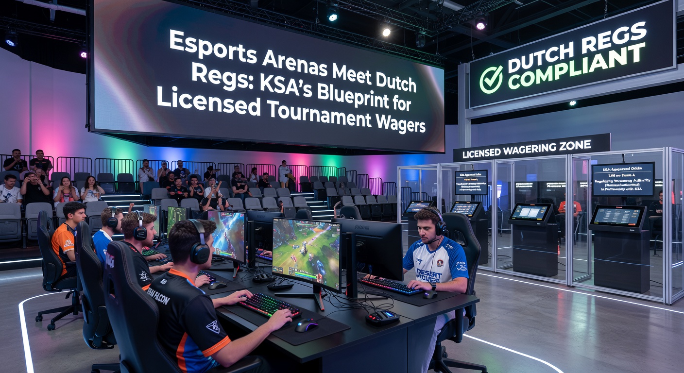 Esports arena vol toeschouwers tijdens een live toernooi, met digitale schermen en weddenschapsstations op de achtergrond