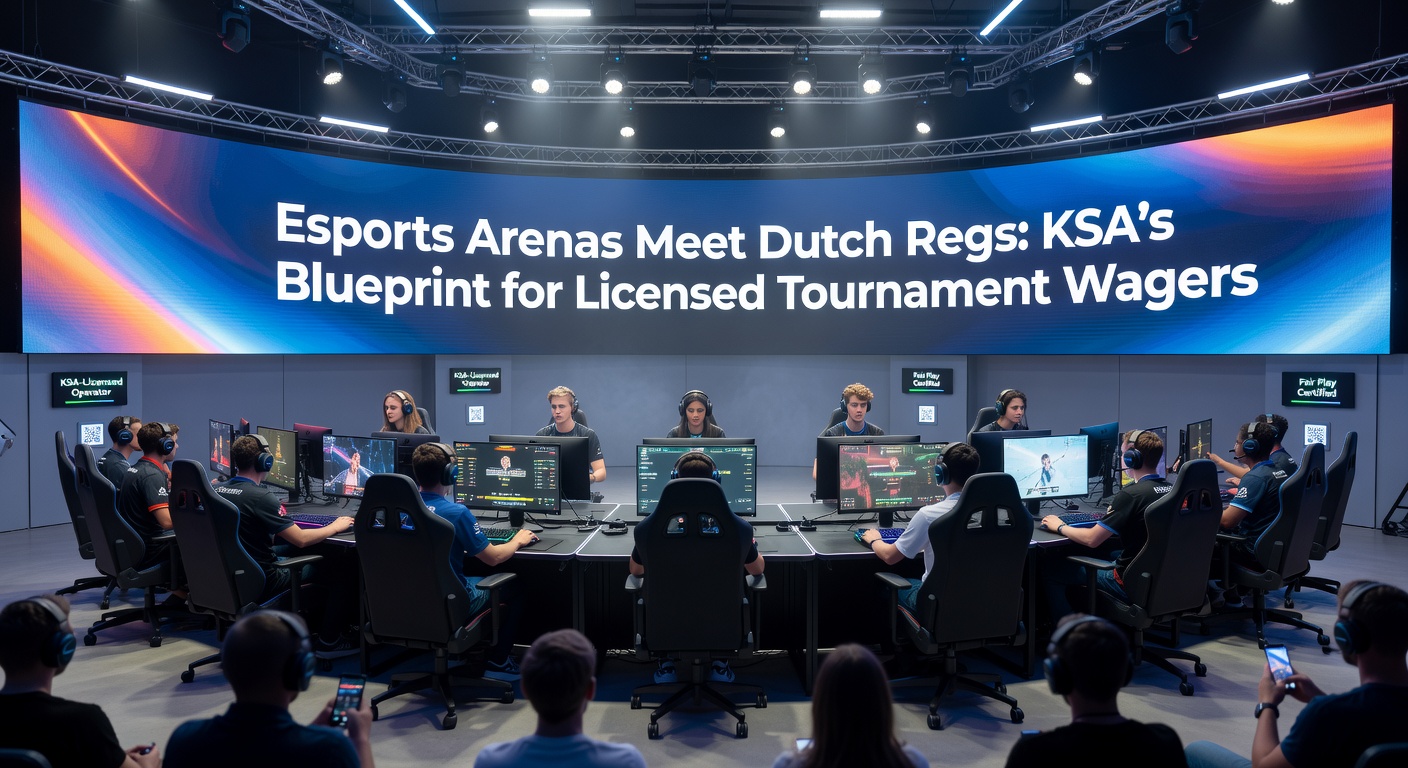 Digitale weergave van een KSA-goedgekeurd weddenschapsplatform in een esports arena, met grafieken van odds en spelerinterfaces