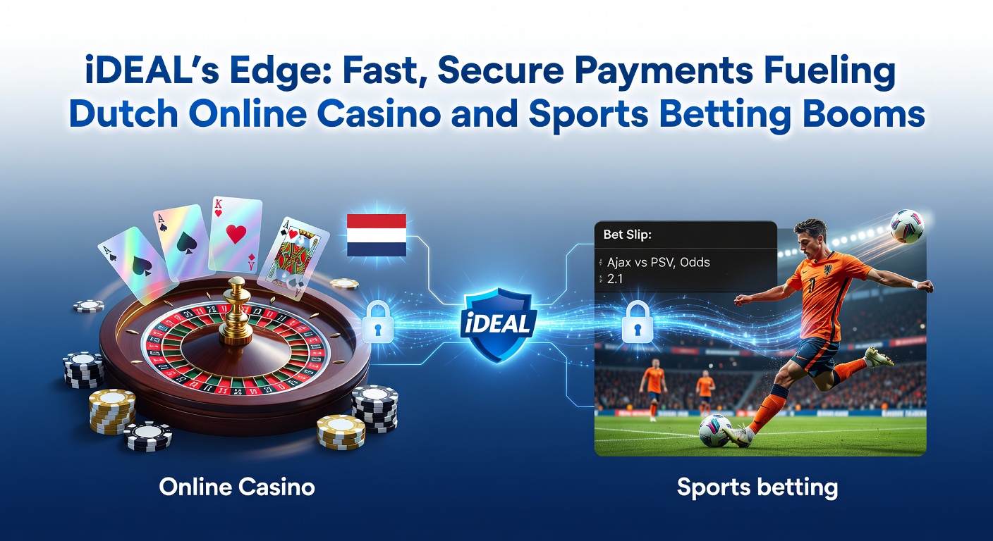 iDEAL betaalicoon met online casino en sportweddenschap symbolen op een dynamische achtergrond