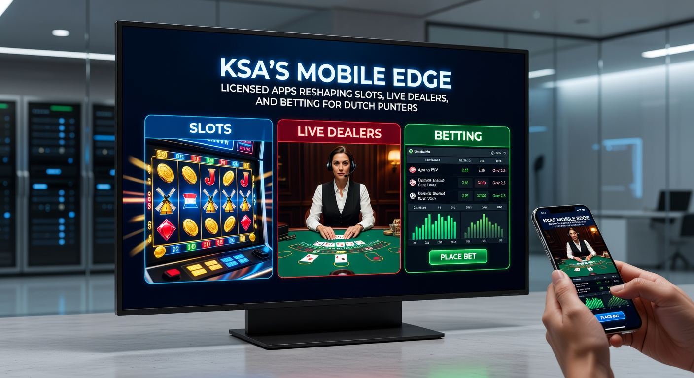 Mobiele app-interface met slots en live dealer op een smartphone-scherm, typisch voor KSA-gelicenseerde platforms in Nederland