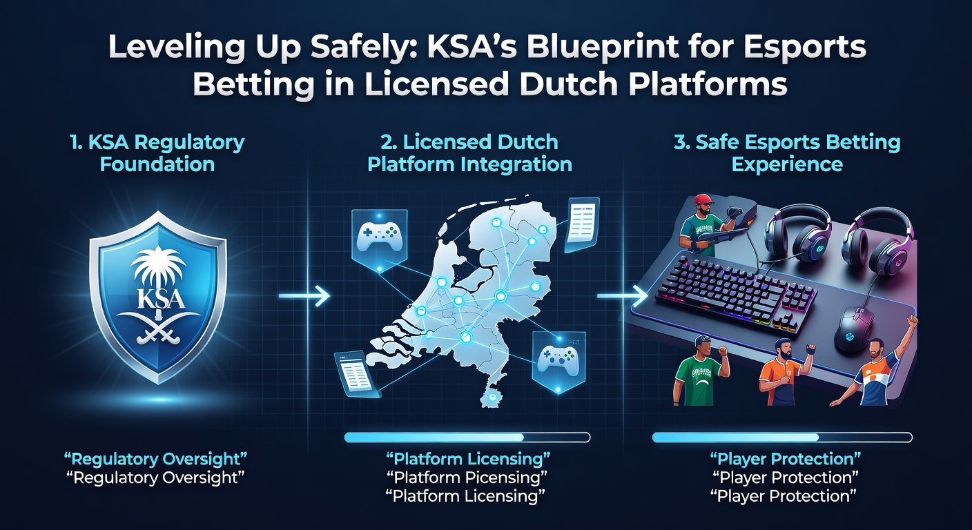 Grafiek met KSA-regels voor esports betting, toonend limieten, verificatie en monitoring iconen naast een esports toernooi-scherm
