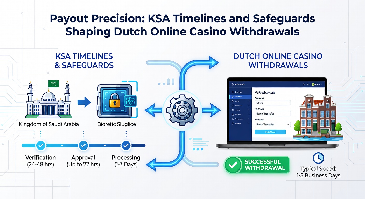 Grafiek met KSA-tijdslijnen voor uitbetalingen bij Nederlandse online casinos, inclusief klokken en schildpictogrammen voor veiligheid