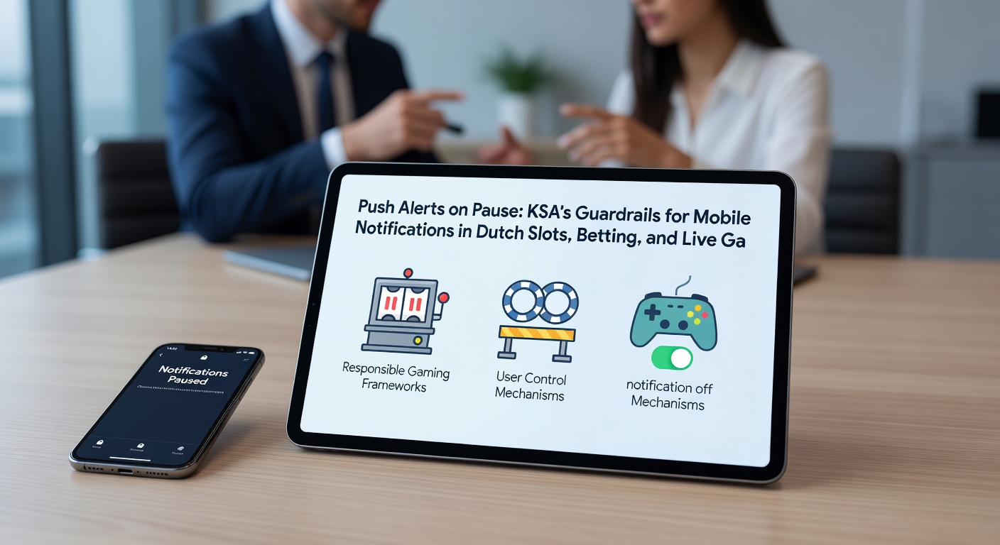 Grafiek met dalende push-melding-frequentie onder KSA-regels, naast iconen van slots, betting en live tafels op een mobiel scherm