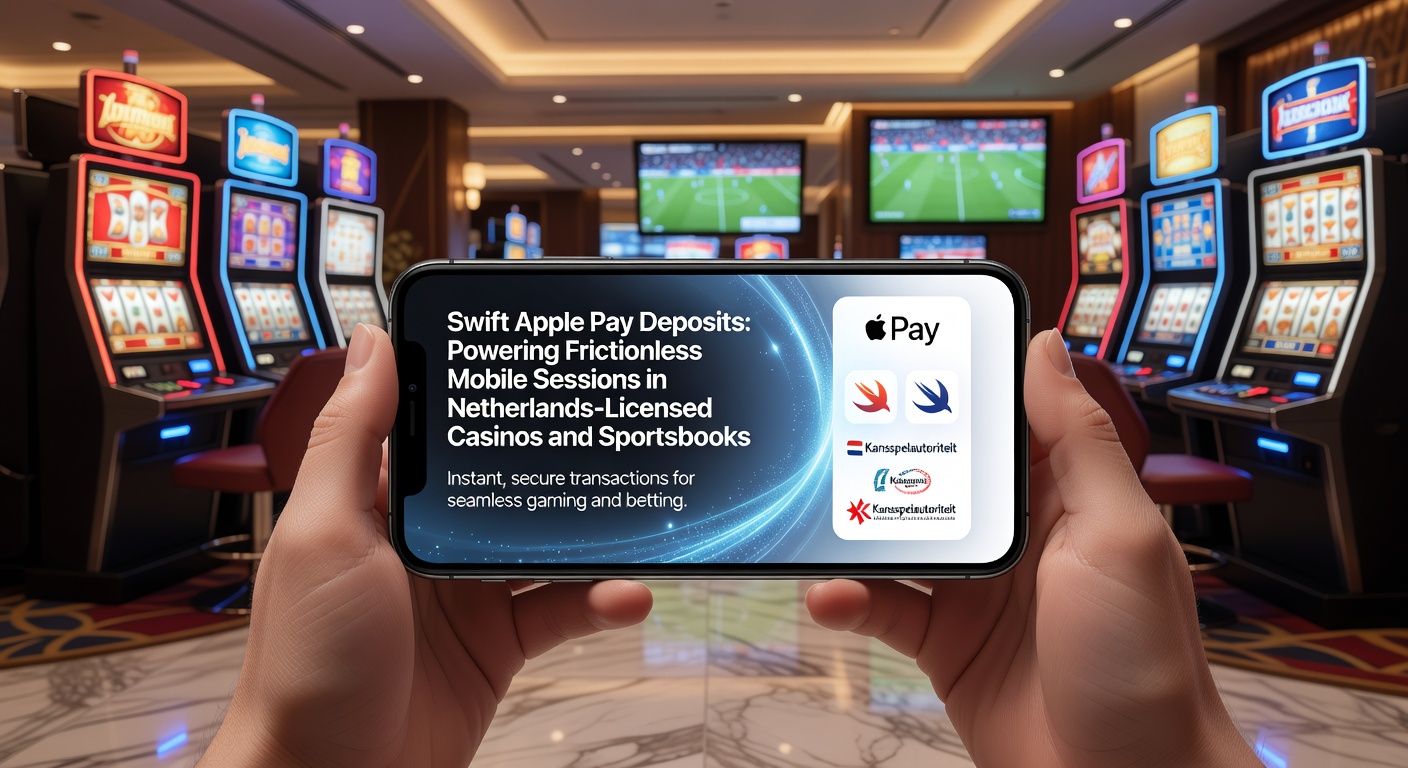 Smartphone met Apple Pay interface tijdens een storting in een Nederlands online casino, met zichtbaar een snelle transactiebevestiging en KSA-logo op de achtergrond