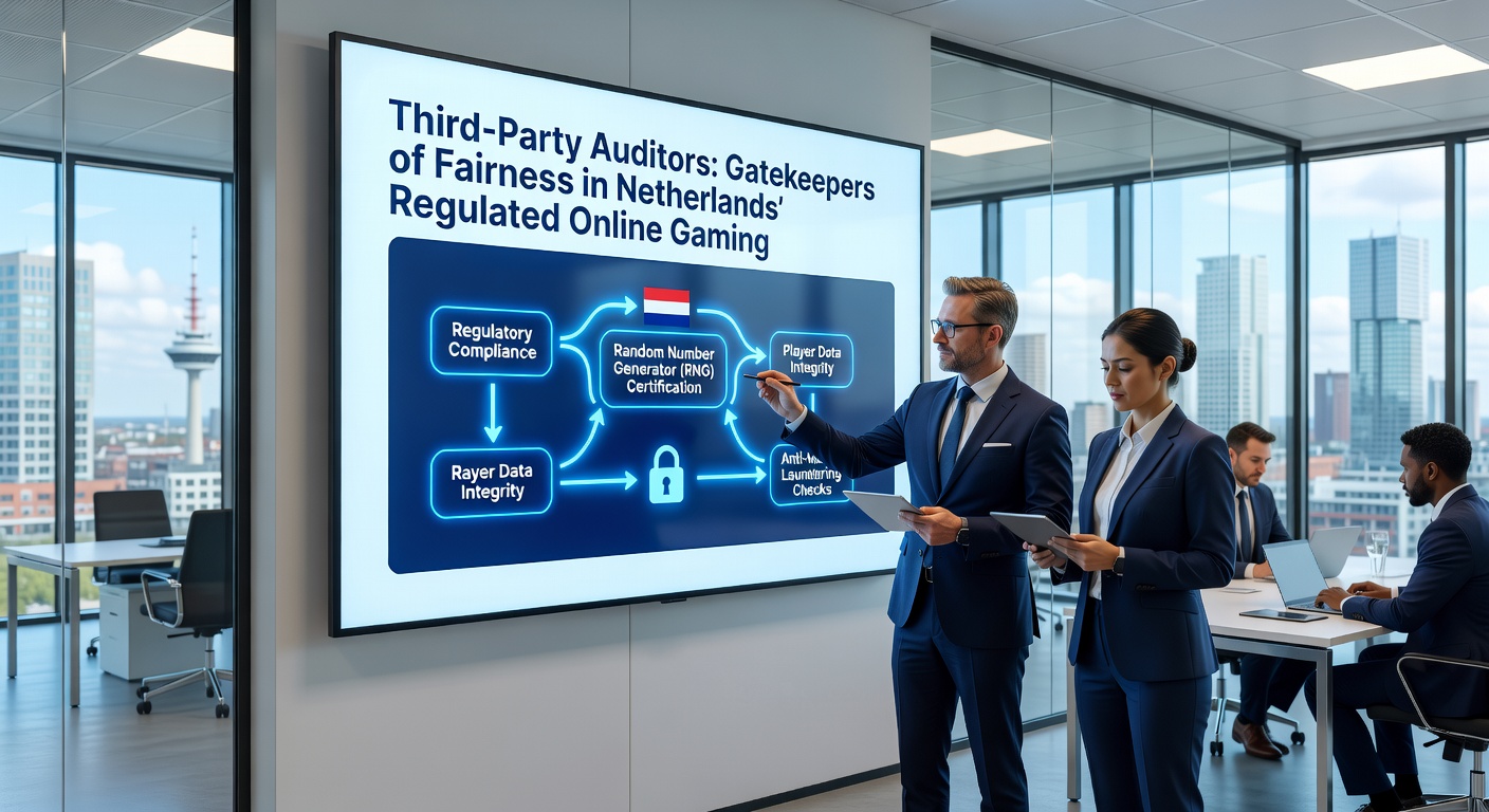 Een professioneel team van auditors analyseert gaming software op een groot scherm, symboliserend de strenge controles in de online goksector