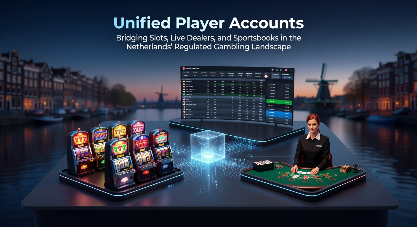 Grafische weergave van een geünificeerd speleraccount dat slots, live dealer tafels en sportsbooks verbindt via een enkele login en balans